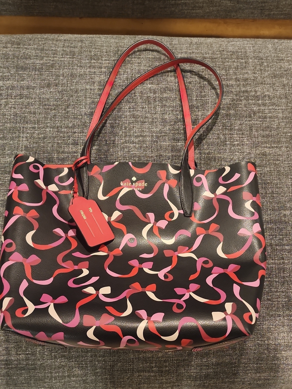 kate spade Black Tote with Pink and Red Ribbon-Print--Reversible To All Red